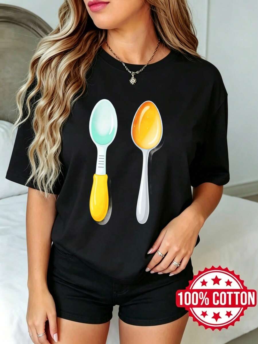 Camiseta negra de manga corta con cuello redondo y estampado para mujer de verano Cuchara Cucharatrón Impresión Diseño S-3XL moda 100% aodón material