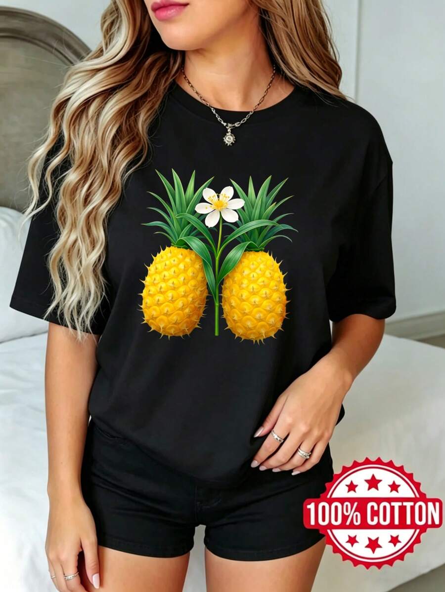 Women's Short-Sleeved, Round-Neck Black T-Shirt With A Pineapple Flower Print For Summer. Sizes S-3XL. Fashionable And Made Of 100% Cotton. - 黑色 - 查看 1
