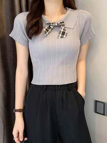 Blusa de mujer Camiseta de punto de manga corta con cuello de muñeca y lazo estilo coreano de verano para mujer, corta, con abdomen al aire, de fibra de hielo elástica - Gris - Ver 4