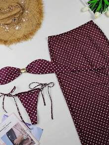 Elegant And Sensual Polka Dot Three-Piece Bikini Set For Women - Burgundy - View 2