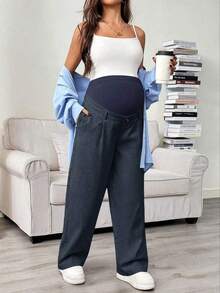 Pantalones rectos con bolsillo en diagonal, cintura ajustable, para maternidad - Azul marino - Ver 5