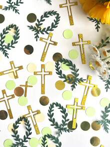 100pcs Cross & Green Wreath Confetti, Religious Confetti, Baptism, For Christening, First Communion Party Supplies. - Multicolor - View 4