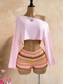 Conjunto de 2 piezas de top asimétrico y shorts de unicolor casual de vacaciones para mujer - Multicolor - Ver 4
