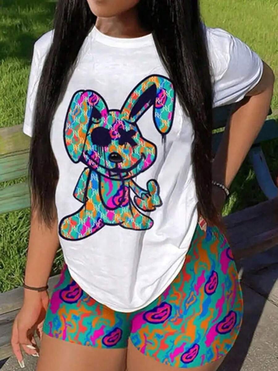 Camiseta de algodón purodeMujer,TallaExtraGrande,Tamaño grande.Estacamisetademangacortaparamujerpresentaundiseñovibrantedeconejoestilograffitiperfectaparacrearunmirarurbanollamativoyllamativo(pantalonesnoincluidos.TopsparaMujer(SinPantalones) - Blanco - Ver 1