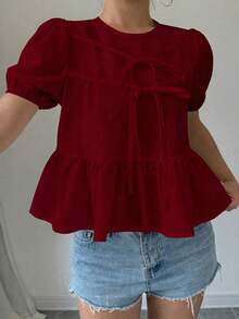 Blusa con volantes y mangas abullonadas con lazo en la parte delantera - Burdeos - Ver 3