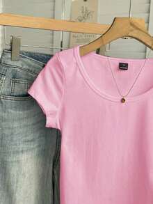 Camiseta ajustada de mujer de cuello de pico, manga raglán, color azul claro, estilo minimalista casual, 95% algodón - Rosa - Ver 4