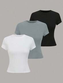 Camiseta de manga corta de mujer de unicolor, cuello redondo, ajustada, casual y diaria - Multicolor 7 - Ver 7