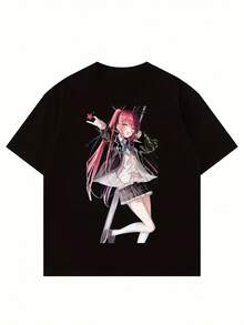 Unisex 100% Cotton T-Shirt, Men's And Women's Anime Girl Print, Unisex, Soft, Year-Round Casual Streetwear, Essential, All-Match, Year-Round Style, Affordable, Daily Wear And Perfect Gift For Fans And Friends, Summer T-Shirt, Summer Clothes For Women, Men's Summer Outfit, Women's Shirt, Creative Design, Outdoor Play, Cool Style, Fun Design, Great For Outdoor Play - Black - View 5