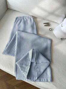 1 pieza Pantalones casuales de mujer a rayas amarillas, tela de burbujas arrugada, cintura súper baja con cordón, pantalones rectos de ajuste relajado, casual y romántico - Azul - Ver 2