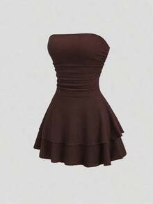 Vestido mini de punto sin tirantes de unicolor minimalista para mujer, vestido de pastel de múltiples capas - Cafetería - Ver 1