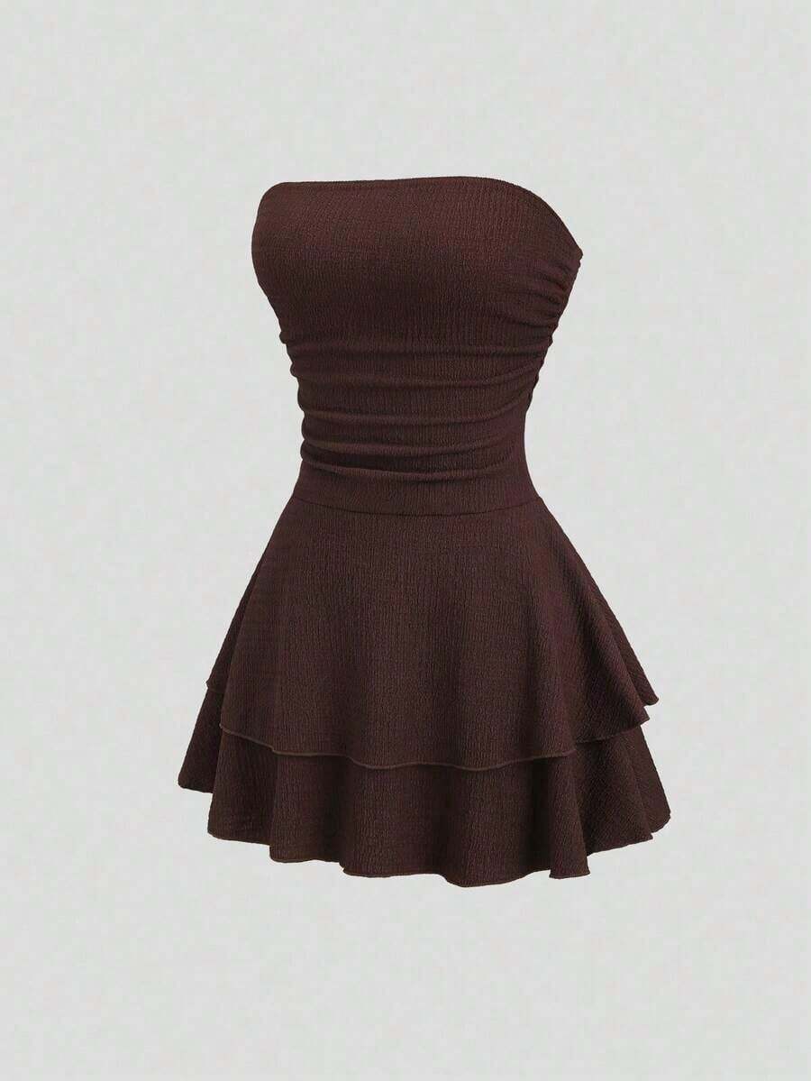 Vestido mini de punto sin tirantes de unicolor minimalista para mujer, vestido de pastel de múltiples capas - Cafetería - Ver 1