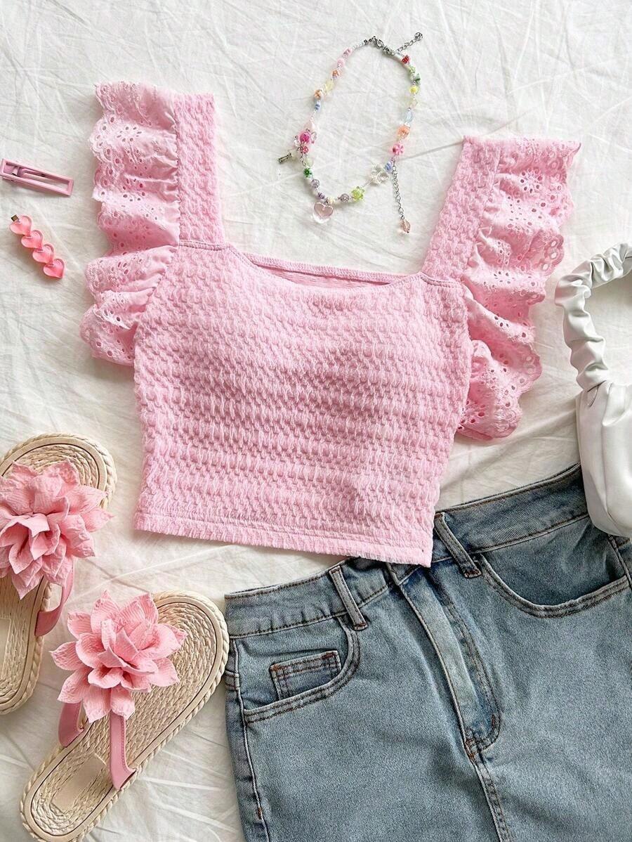 Elegante top corto de mujer de punto con plisados, adornos de encaje floral y diseño ideal para vacaciones - Rosa Pálido - Ver 1