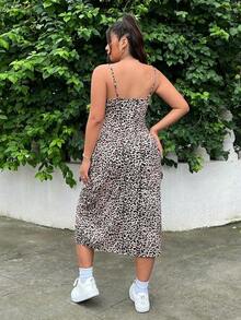 Vestido midi ajustado sin mangas con abertura lateral, busto fruncido, estampado de leopardo y estampado animal, de estilo casual y sexy, ligero para fiestas, vacaciones de verano y principios de otoño, para mujeres de talla grande - Multicolor - Ver 2