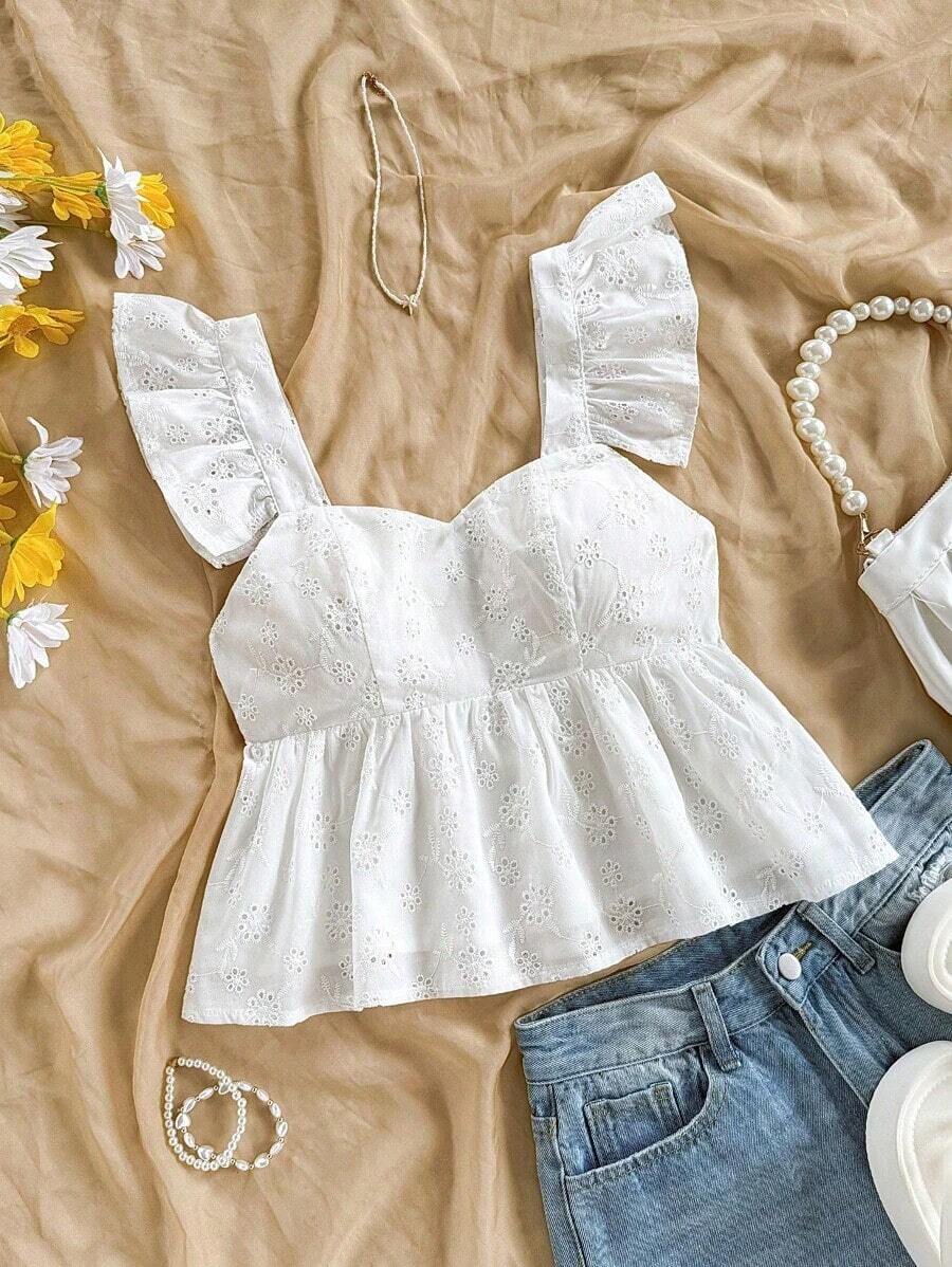 Blusa de corte de línea A con cuello cuadrado, manga corta y estampado retro azul y blanco, adecuada para fiestas, citas, el Día de San Valentín, el té de la tarde - Blanco - Ver 1