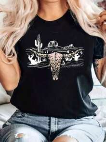Camiseta de Mujer con Estampado de Calaveras de Vaca y Paisaje del Desierto - Diseño de Cactus y Formaciones del Suroeste Estilo Cowgirl del Oeste - Camiseta Casual Suave y Elástica de Manga Corta con Cuello Redondo para Primavera, Verano y Otoño - Rosa/Beige - Negro - Ver 9