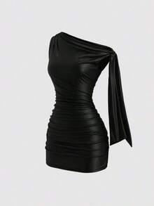 Nuevo vestido mini de verano de ajuste ceñido con cuello asimétrico, cintura fruncida y detalles de volantes laterales, en tela elástica con revestimiento de color vino tinto, adecuado para club, fiesta, cóctel y uso diario - Negro - Ver 7