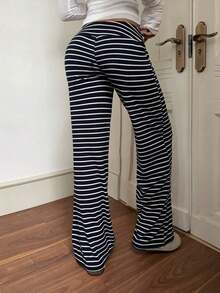 Pantalones deportivos de mujer de tiro bajo a rayas con cordón para la cintura, pantalones anchos de yoga/para el hogar, otoño/invierno - Azul y blanco - Ver 8