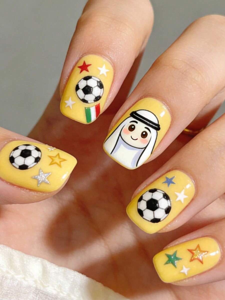 2026 World Cup Football Protective Gear With Eastern Auspicious Figure Hand-Painted Football Stars, Detachable Fake Nails, 24 Pieces - Multicolor - View 1