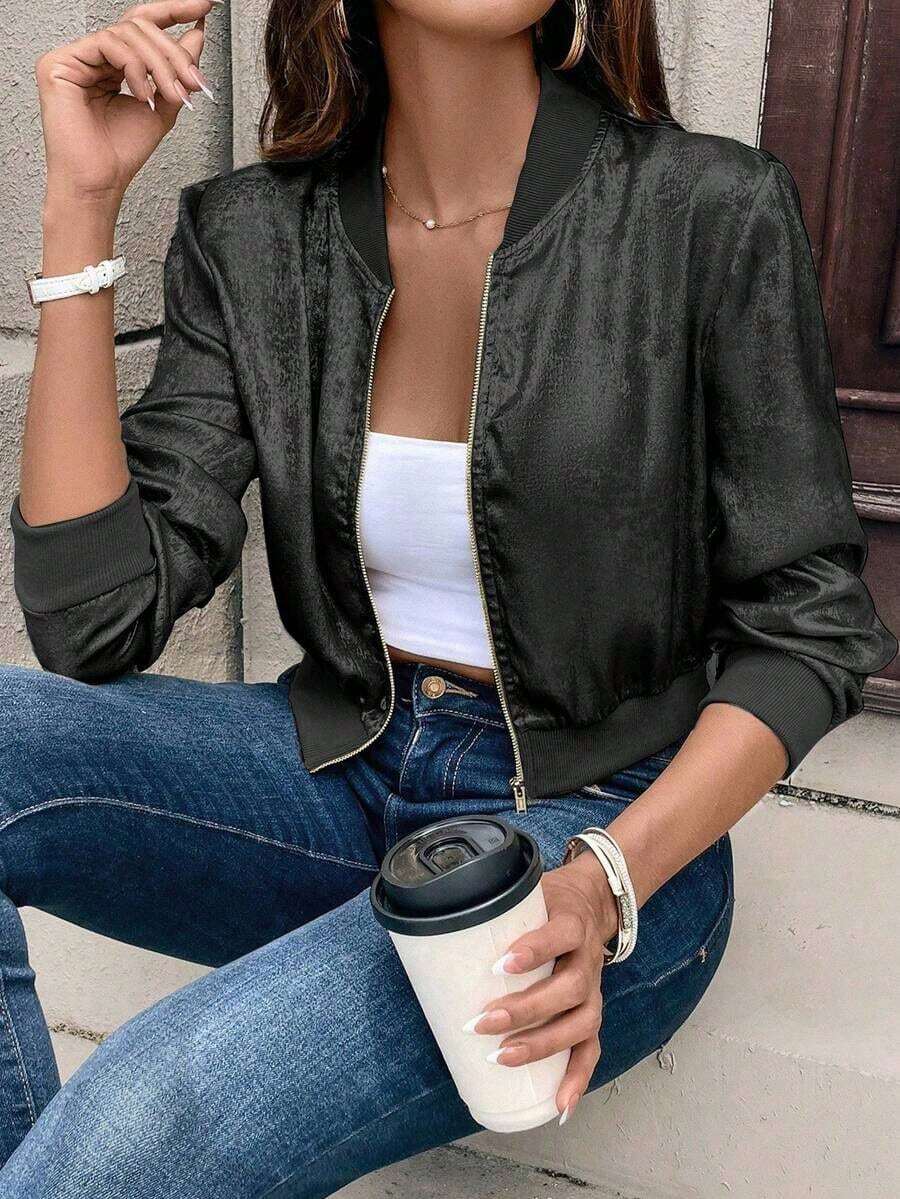 Chaqueta de béisbol con cremallera metálica dorada, puños acanalados, ajuste slim, elegante y versátil, cárdigan corto para ropa de fiesta de Año Nuevo - Negro - Ver 1