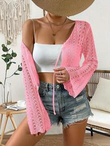 Cárdigan de punto calado de color liso casual para vacaciones - Rosa - Ver 3
