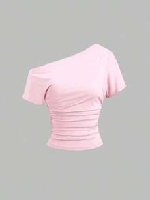 Nueva camiseta casual de primavera/verano para mujer, de estilo elegante y chic de la calle, con hombro asimétrico, ajuste delgado, deportiva, versátil y cómoda - Rosa - Ver 2
