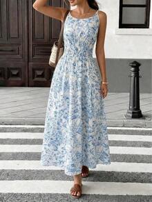 Vestido maxi a cuadros marrones 2026 para mujer, con tirantes de lazo y cintura fruncida con volantes, estilo minimalista casual y perfecto para vacaciones y uso diario - Azul y blanco - Ver 4