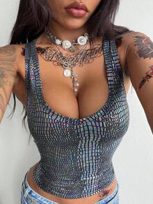Camiseta de punto de verano con cuello en V gris, cómoda y elegante, con encaje de contraste, para salir y vacaciones - Morado - Ver 7