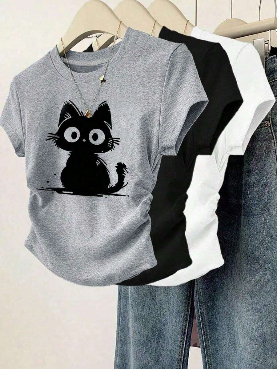 Set de 3 blusas de mujer de manga corta con cuello redondo, plisadas, de unicolor minimalista con detalle de lazo y estampado, para el verano - Multicolor 6 - Ver 1