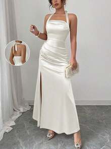 Vestido camisero elegante de color champagne, con tela de satén elástica y abertura lateral de largo maxi - Blanco - Ver 8