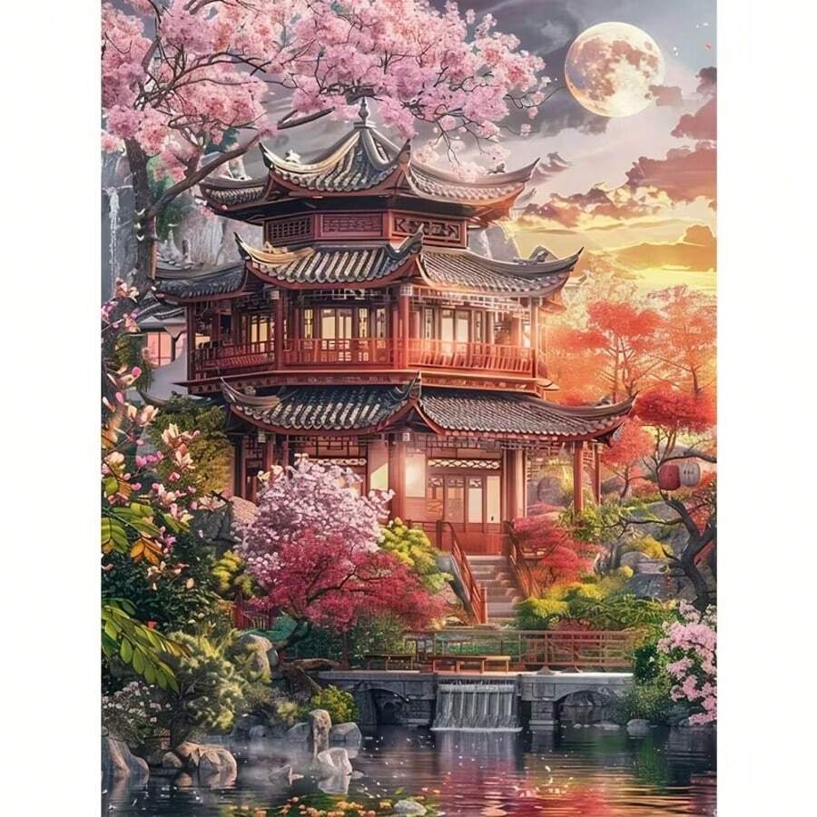 1套[30*40厘米/11.8*15.7英寸]5D亚克力钻石画套装，樱花阁楼图案，适合成人初学者DIY马赛克钻石画，全钻手工DIY钻石画，适合客厅、卧室、办公室墙面装饰画，惊喜艺术家居装饰礼物，送给家人和朋友，无框 - 無框 - 查看 1