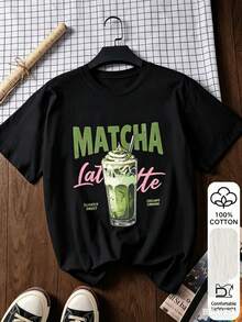 Camiseta casual de manga corta de 100% algodón con estampado de matcha, camiseta gráfica, ropa de exterior, estampado impreso, camiseta de verano, camiseta de mujer, blusa de verano, atuendo de vacaciones, estilo de playa, ropa de resort minimalista - Negro - Ver 6