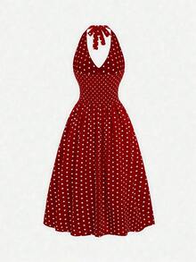 Vestido casual de verano para mujer con estampado de lunares, escote halter y espalda descubierta - Rojo y blanco - Ver 2