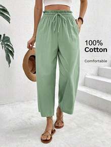 Pantalones casuales de mujer con cintura con cordón a cuadros - verde menta - Ver 10