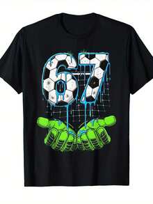 Camiseta de Fútbol Infantil "170.18cm - Patrón de Fútbol en Verde Neón y Turquesa con Diseño de Goteo, Adecuada para Camiseta Casual de Cuello Redondo de Aficionados y Jugadores - Negro - Ver 1