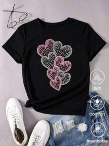 1pc Casual Algodón Camiseta para mujer Deportivo Apto para llevar en primavera verano otoño e invierno Camisetas para parejas con diseño de corazones en tonos rosados y negros con detalles de puntos elegantes y modernos - Negro - Ver 1