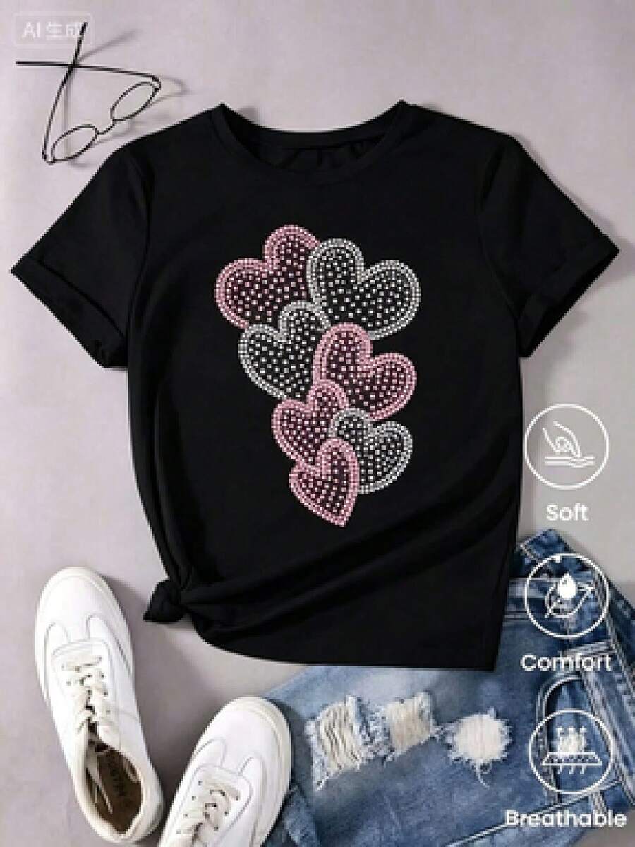 1pc Casual Algodón Camiseta para mujer Deportivo Apto para llevar en primavera verano otoño e invierno Camisetas para parejas con diseño de corazones en tonos rosados y negros con detalles de puntos elegantes y modernos - Negro - Ver 1