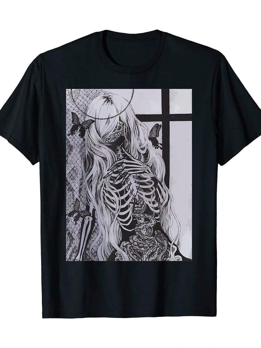 2026 Fashion T-Shirt With Gothic Horror Print By Kiristyle - Solid Black T-Shirt With Macabre Skull And Flower Pattern - Unisex Adult Top, Suitable For Gothic, Grunge, And Punk Styles - For All Seasons And Halloween Costumes - Soft Casual Gothic Garment, Gothic Style Accessory - 黑色 - 查看 1