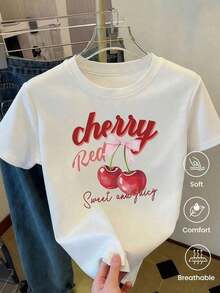 Camiseta de manga corta estampada de moda primavera-verano 2026, fabricada en México, decorada con patrones de dibujos animados. Adecuado para uso en interiores y exteriores. Prenda única, diseño clásico de cuello redondo, una opción ideal para el lugar de trabajo y ocasiones informales. - Blanco - Ver 2