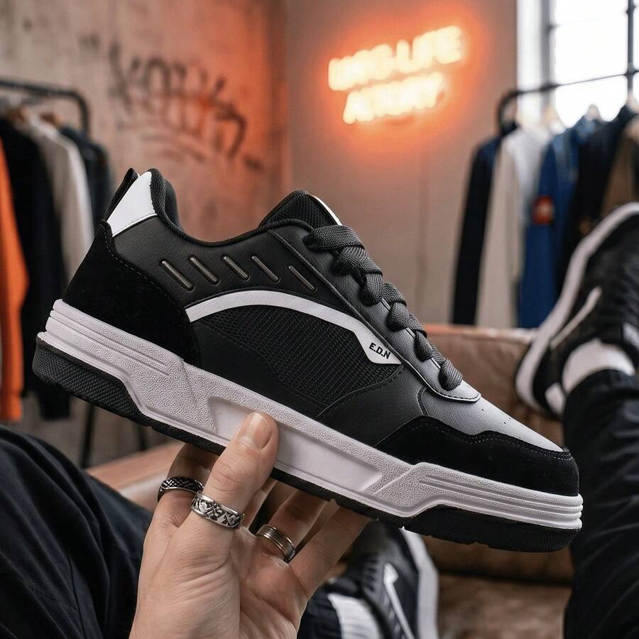 Elden Men's Casual Street Skate Original Comfortable Streetwear Sneakers E2202 - 黑與白 - 查看 1