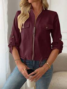 Chaqueta bomber ligera para mujer con cuello alto - Chaqueta de vuelo con cremallera con bolsillos delanteros decorativos y dobladillo ajustable con cordón, una prenda exterior ideal para el estilo casual de calle en primavera y otoño.Rojo - Rojo - Ver 6