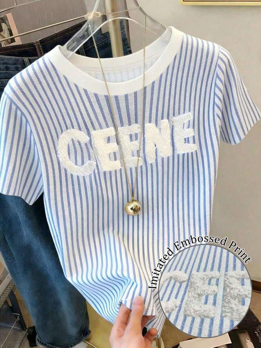 Camiseta de cuello redondo con estampado de leopardo vintage clásico y casual para mujer, adecuada para el verano - Azul - Ver 1