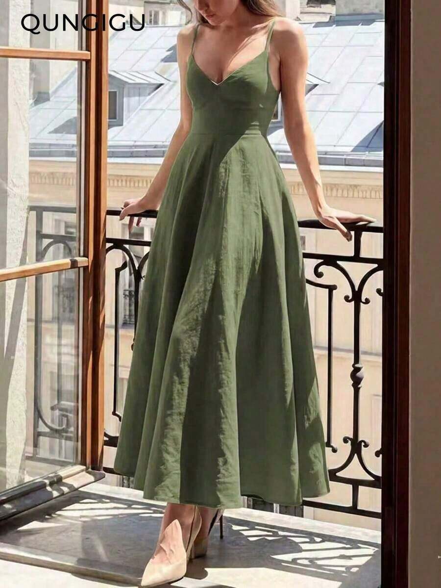 Vestido midi elegante de mujer con cuello en V, vestido de tirantes de mezcla de lino con corte evasé y espalda descubierta, adecuado para vacaciones, playa, boda, fiesta de cóctel - Verde militar - Ver 1