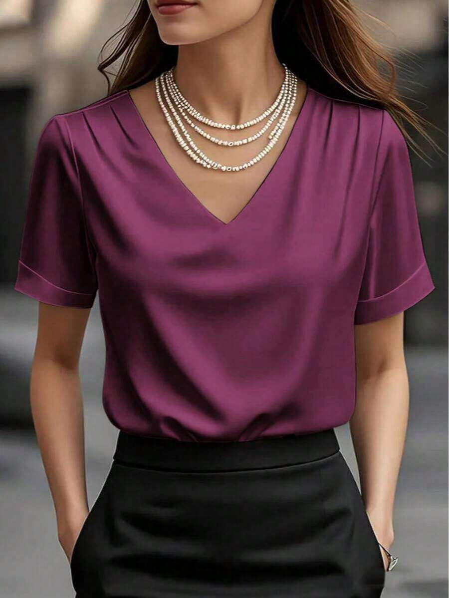 1 pieza Blusa de mujer de unicolor de satén con cuello en V y manga corta, elegante y de moda para uso diario, oficina, hogar, citas, primavera/verano, color negro casual - Morado - Ver 1