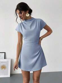 Vestido mini de línea A con fruncido de unicolor, adecuado para el uso diario en verano - Celeste - Ver 2