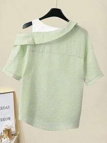 Camisa de mujer casual de manga corta raglán a rayas texturizada azul y blanca, de verano - Verde - Ver 2
