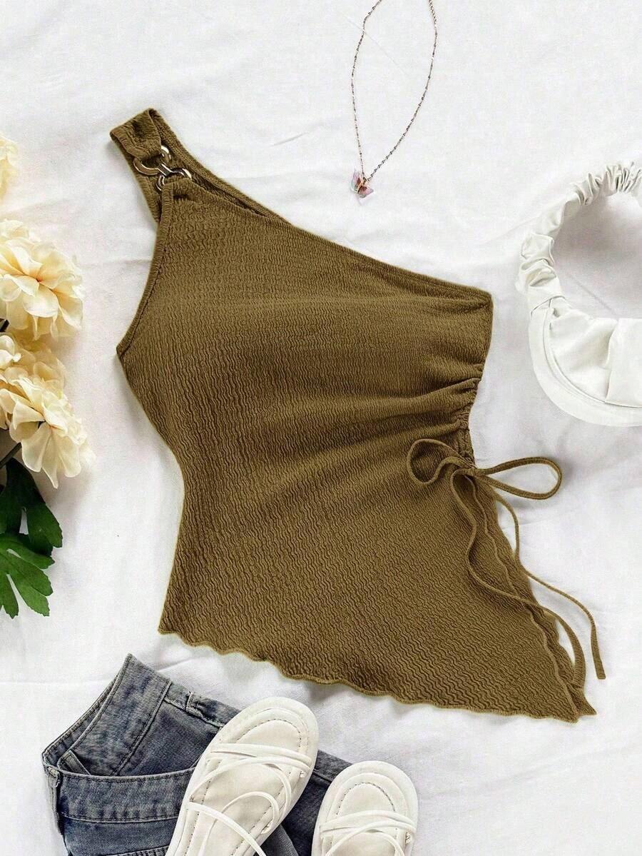 Camiseta de tirante único de punto jacquard texturizado de color beige para mujer, adecuada para fiesta, cita, Día de San Valentín, Pascua, carnaval, té de la tarde, playa, crucero, vacaciones en la ciudad - Marrón 3 - Ver 1