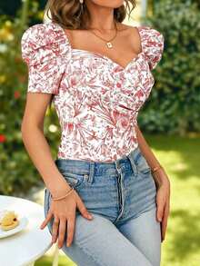 Camiseta de ajuste ceñido con mangas obispo y estampado floral elegante, de verano - Rojo - Ver 3