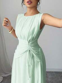 Vestido maxi casual, romántico, vintage y elegante de gasa para mujer con cordón en la cintura, para la playa, el té de la tarde, fiestas de noche, uso diario, sin mangas, de unicolor, vestido largo, primavera/verano - verde menta - Ver 3
