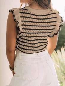 Blusa de mujer de punto a rayas sin mangas, blusa ligera de cuello redondo con volante en el bajo de manga corta, color negro - Multicolor - Ver 5