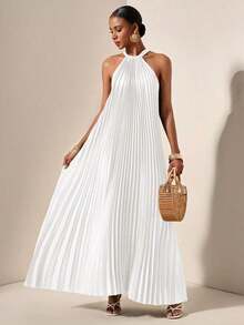 Vestido holgado de verano y primavera casual de vacaciones de cuello halter sin mangas con pliegues y bajo en A, color verde oscuro - vestido para mujer - Blanco - Ver 7